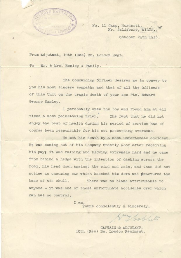 Edward Emsley - letter of condolence